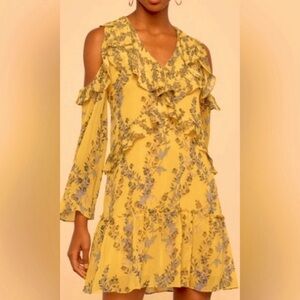 BCBGMaxAzria Floral cold shoulder yellow Ruffle tiered mini dress boho party XS